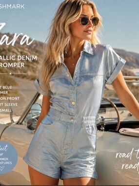 Zara Metallic Denim Romper Womens Size Small Blue Shimmer Button Front